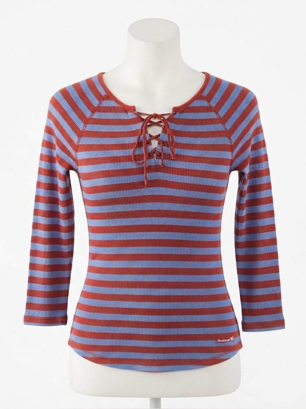 American Eagle Ribbed Lace-Up Top Y2K Red/orange Blue Striped Fitted Long Sleeve